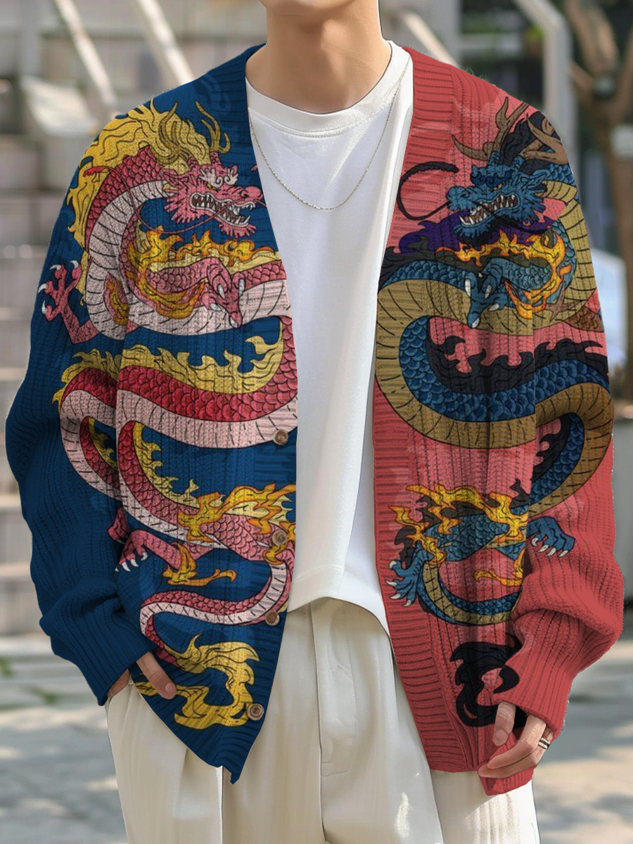 Men's Japanese Style Dragon Print Buttoned Cardigan Sweater