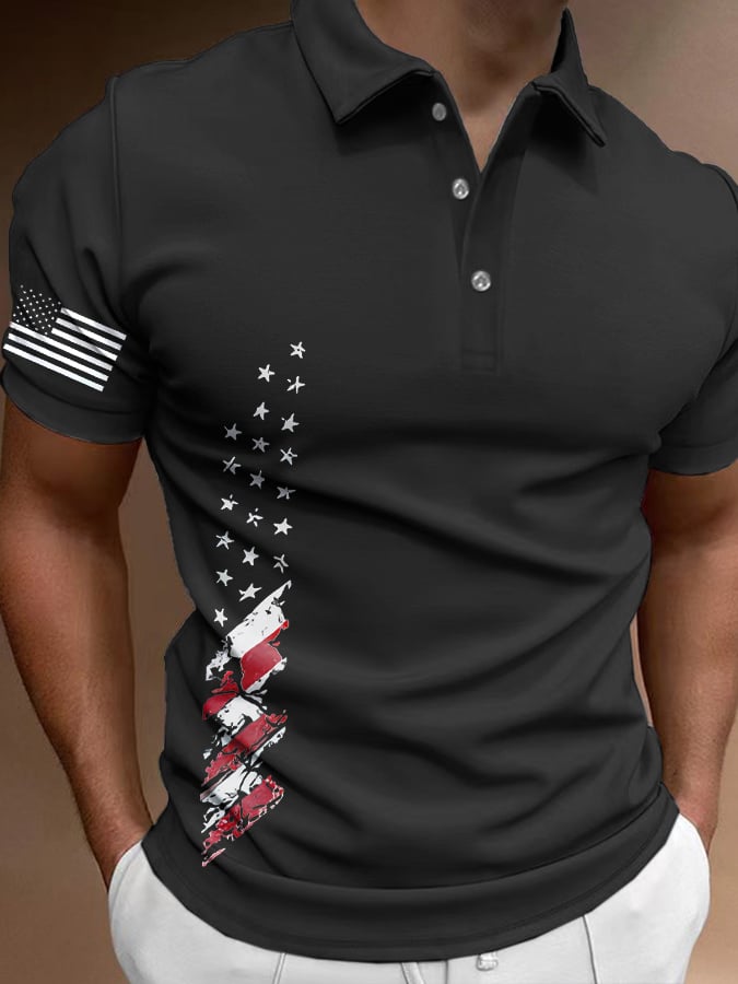 Men's Retro Flag Print Casual Polo Shirt
