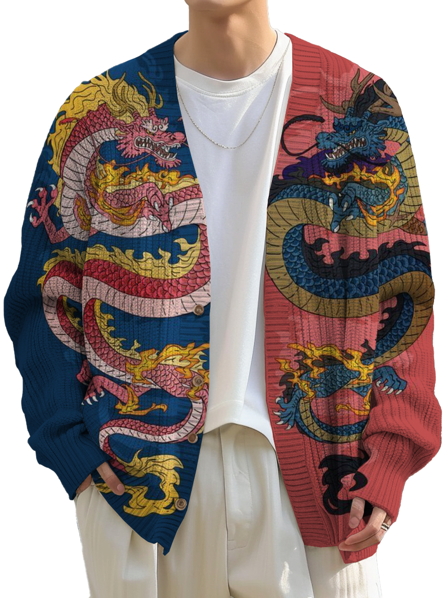 Men's Japanese Style Dragon Print Buttoned Cardigan Sweater