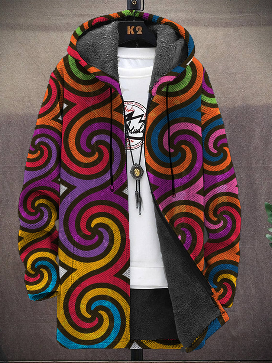 Men's Colorful Geometric Spirals Pattern Hooded Two-Pocket Fleece Jacket