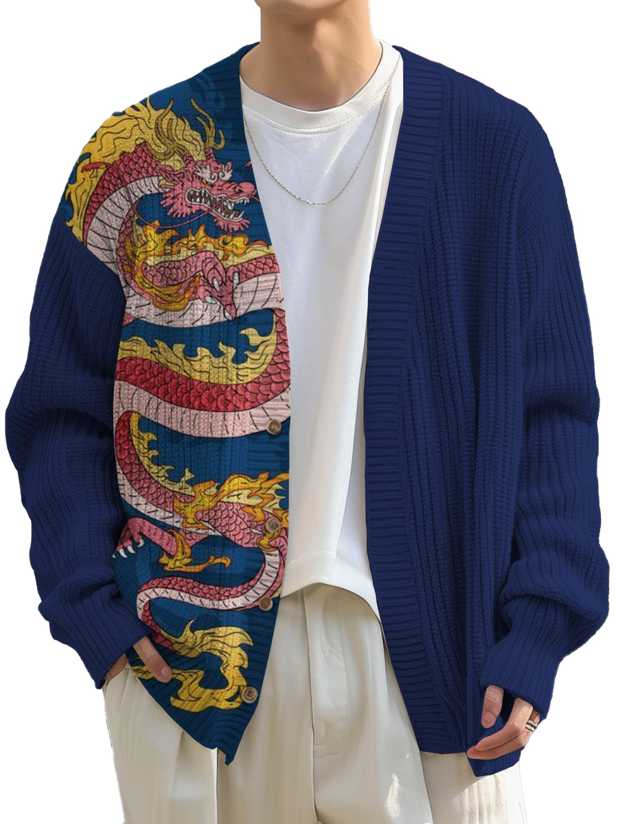 Men's Japanese Style Dragon Print Buttoned Cardigan Sweater