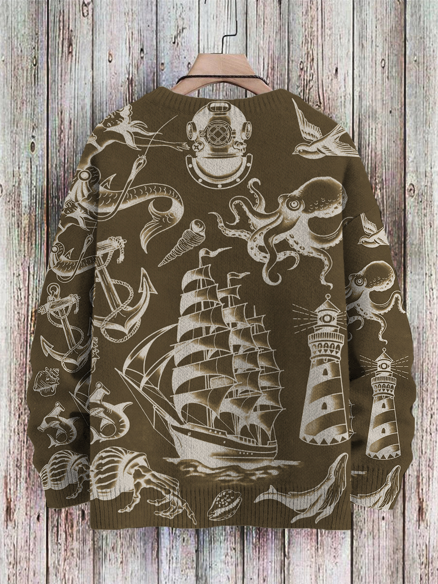Men's Sweater Vintage Nautical Mermaid Boat Pattern Pullover Print Casual Sweater