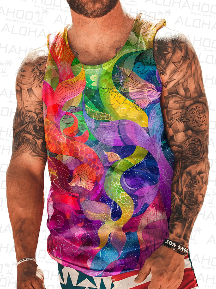 Alohahoo X Artist  Men's Tank Top Rainbow Art Print Crew Neck Tank T-Shirt