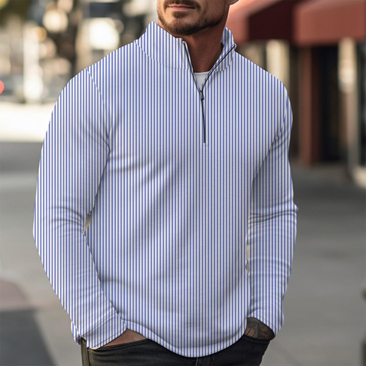 Basics Stripes Casual Zip Long Sleeve Sweater