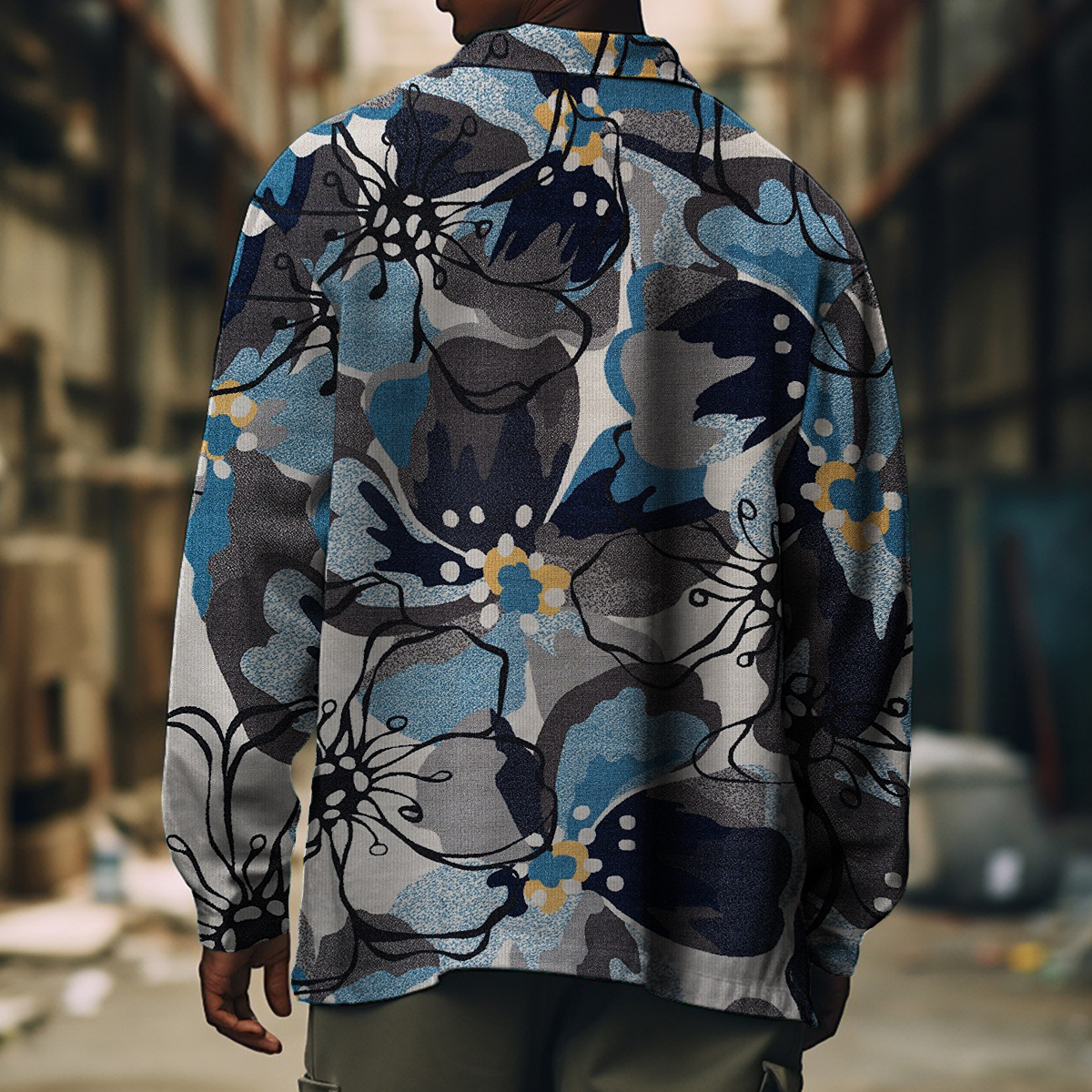 Men's Casual Jacket Vintage Blue Floral Pattern Long Sleeve Pockets Shirt Jacket