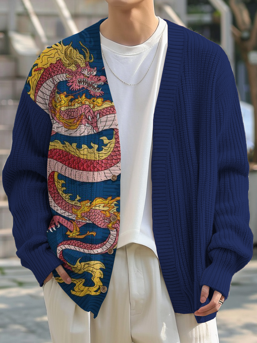 Men's Japanese Style Dragon Print Buttoned Cardigan Sweater