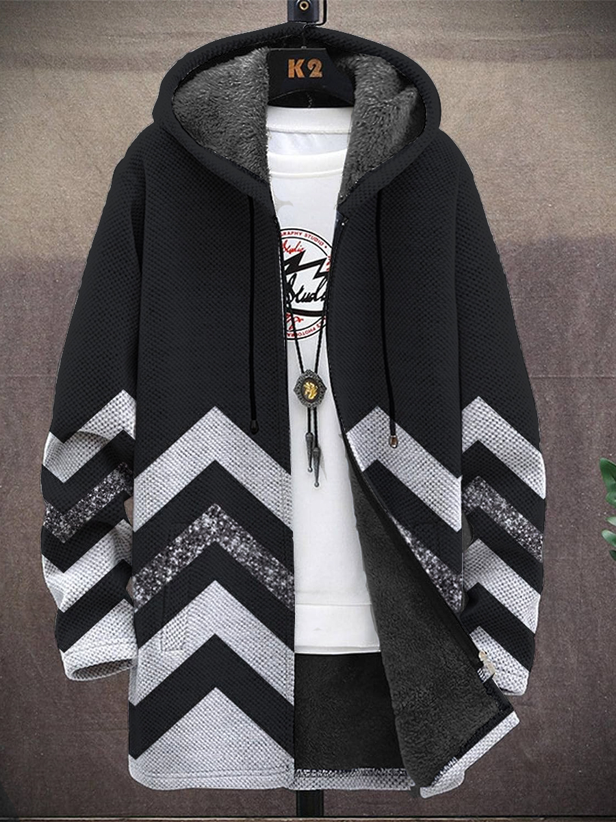 Men's Colorful Geometric Stripes Pattern Hooded Two-Pocket Fleece Jacket