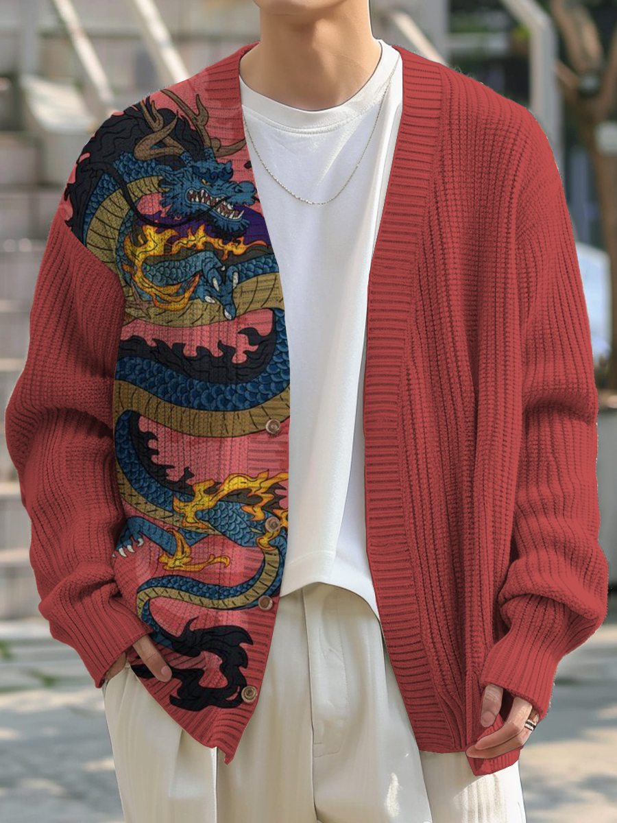 Men's Japanese Style Dragon Print Buttoned Cardigan Sweater