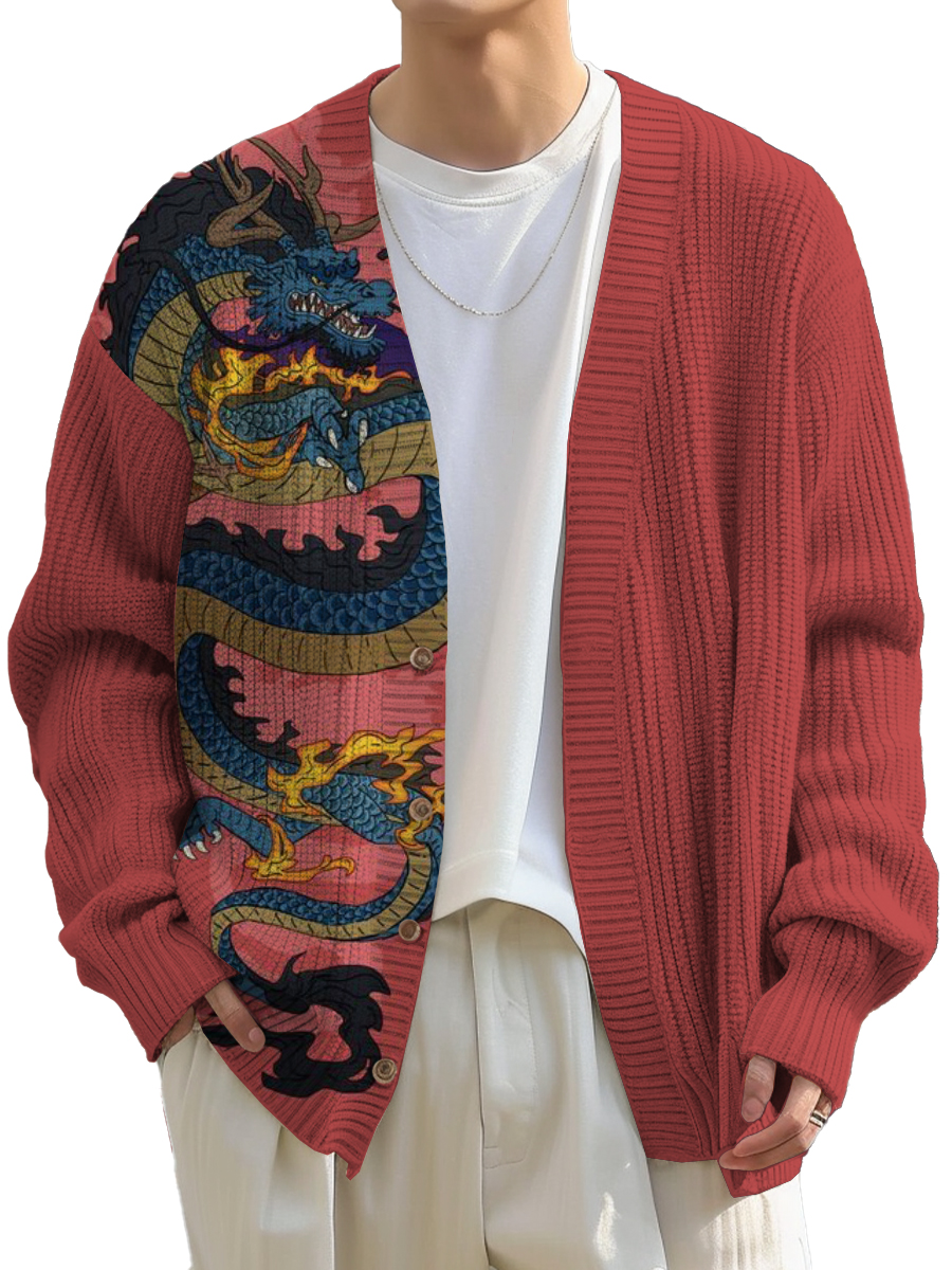 Men's Japanese Style Dragon Print Buttoned Cardigan Sweater