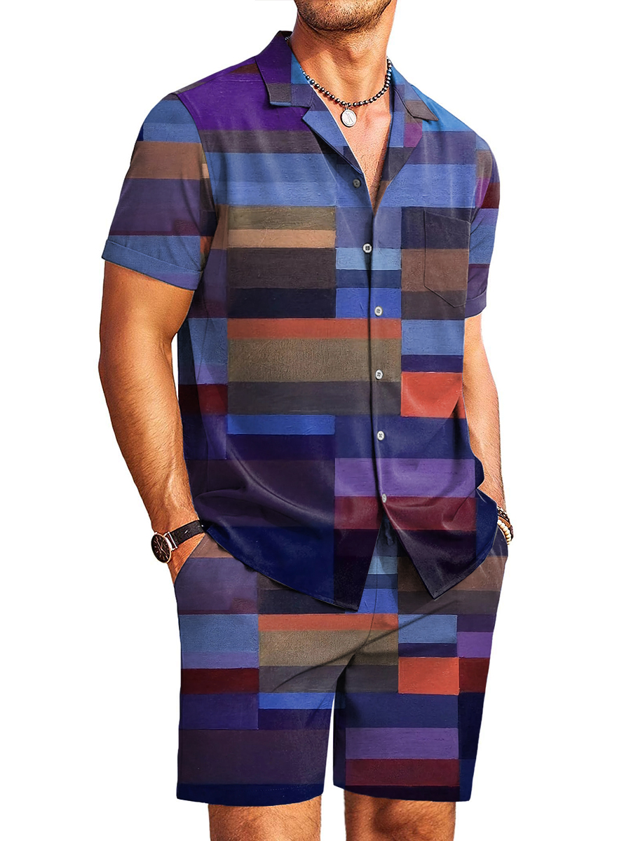 Men's Sets Colorblock Pattern Button Down Pocket Two-Piece Shirt Shorts Set