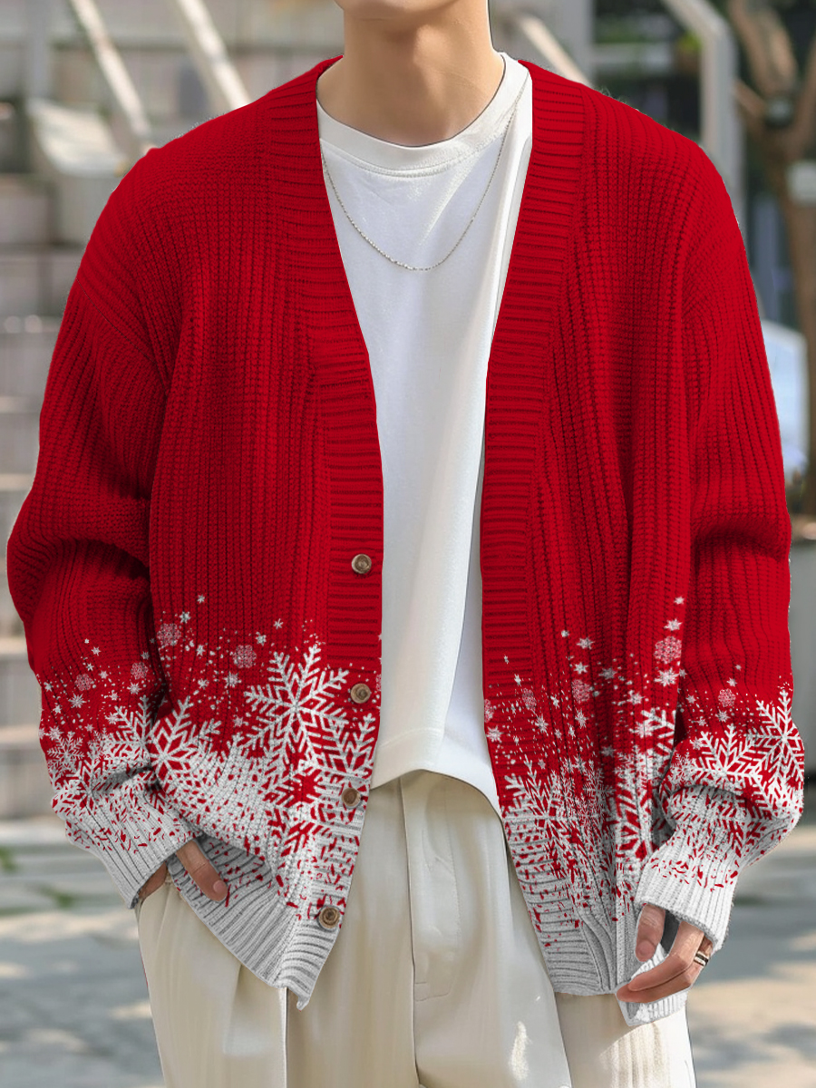 Men's Christmas Snowflakes Print Buttoned Cardigan Sweater