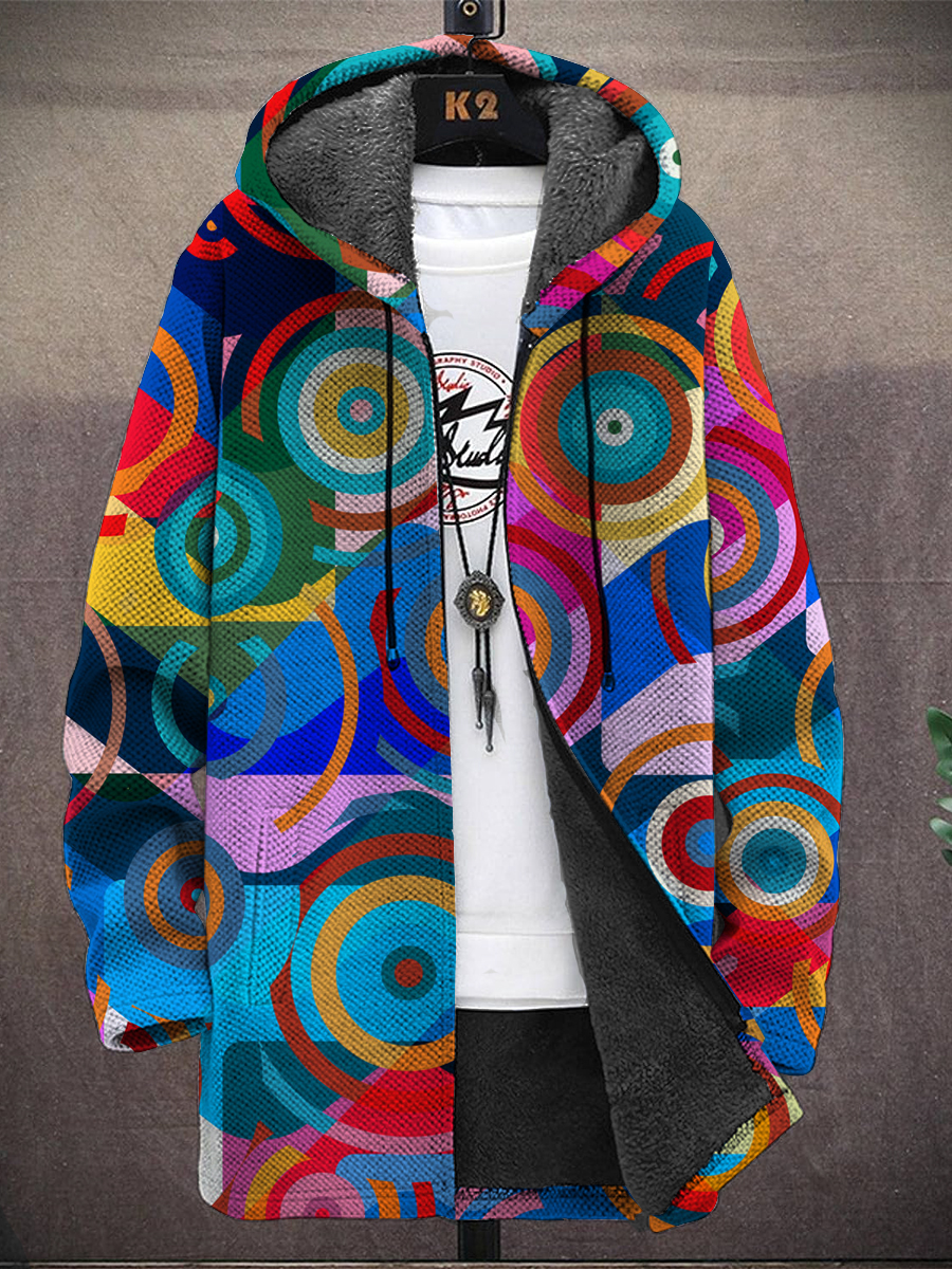 Men's Colorful Circles Print Hooded Two-Pocket Fleece Jacket