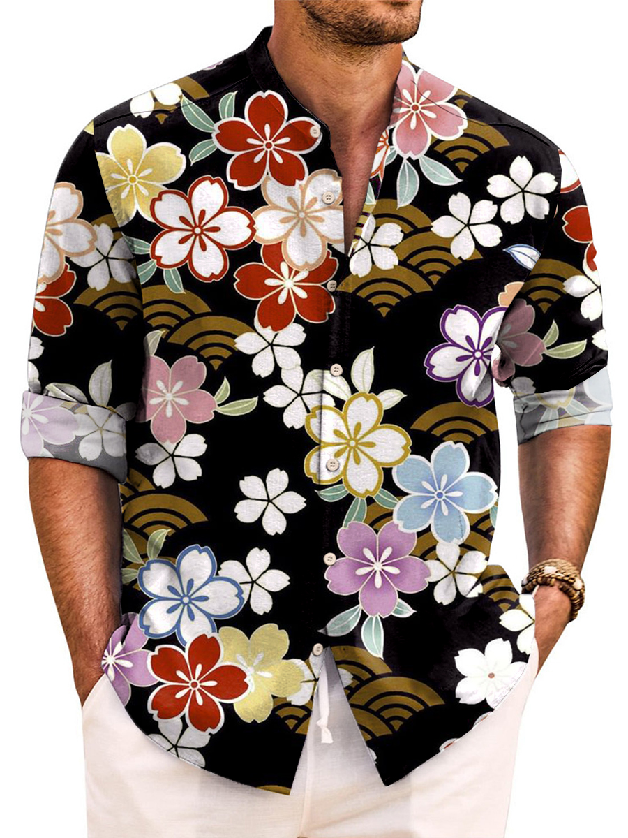 Japanese Style Sakura Print Easy Care Aloha Long Sleeve Shirts