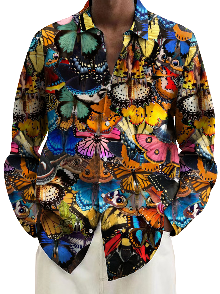 Casual Colorful Butterfly Wing Pattern Long Sleeve Hawaiian Shirt