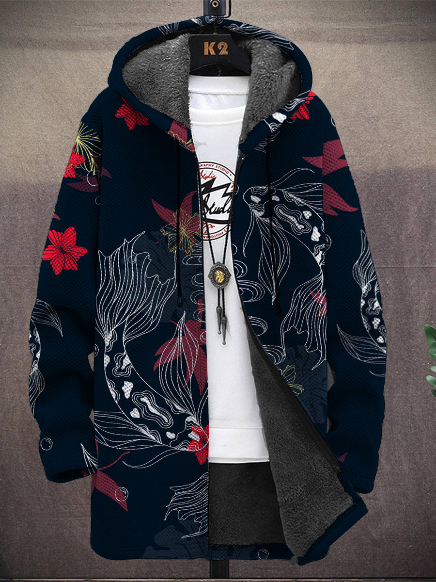 Men's Japanese Style Koi Print Hooded Two-Pocket Fleece Cardigan Jacket