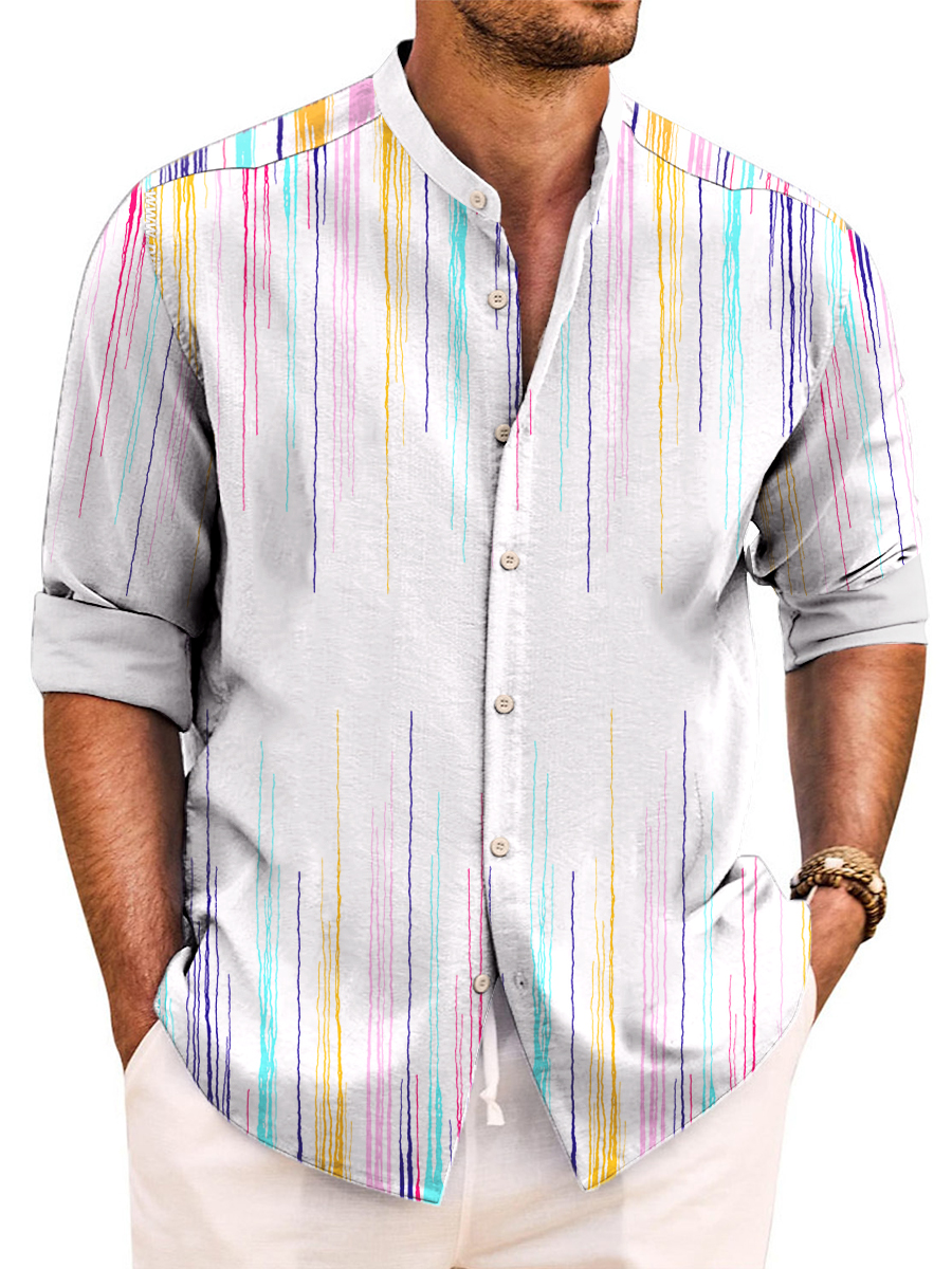 Multicolor Lines Print Easy Care Aloha Long Sleeve Shirts