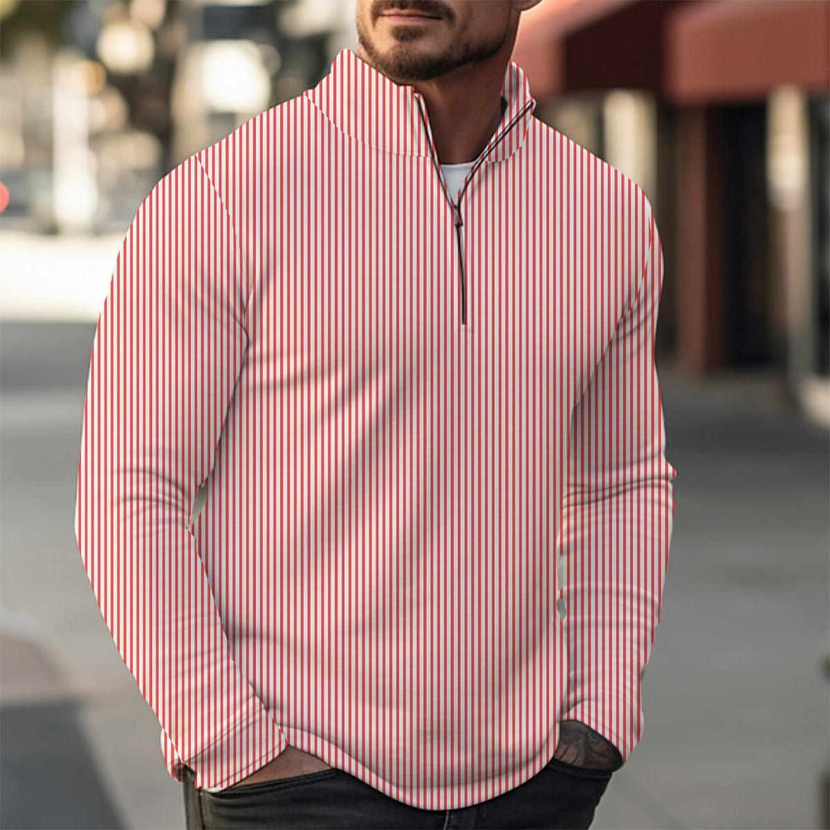 Basics Stripes Casual Zip Long Sleeve Sweater