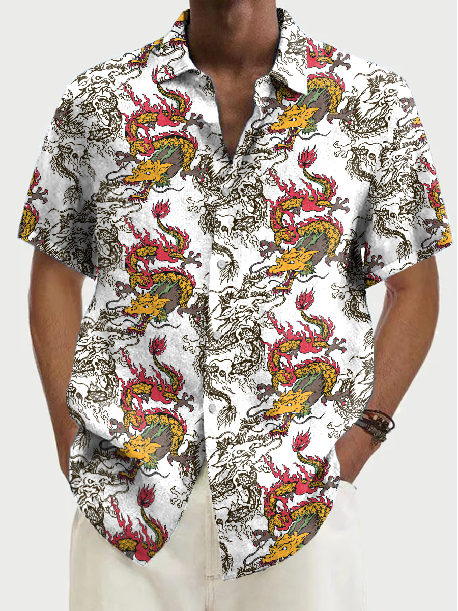 Men's Hawaiian Shirts Retro Dragon Pattern Aloha Linen Shirts
