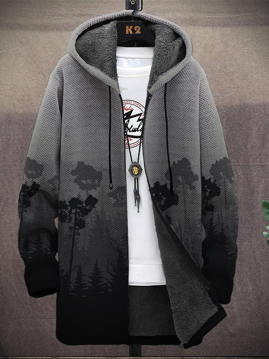 Men's Misty Coniferous Forest Hills Pattern Hooded Two-Pocket Fleece Jacket