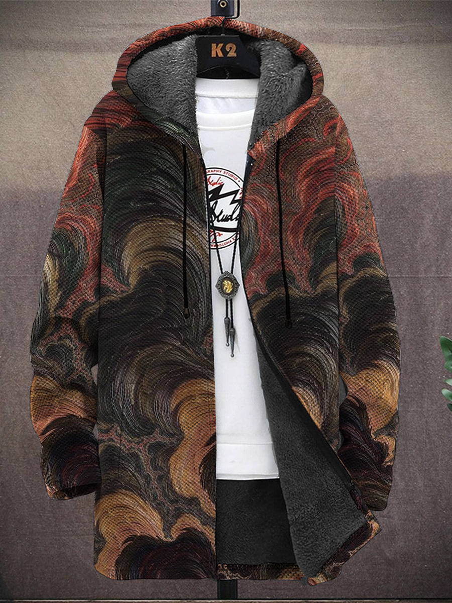 Men's Vintage Abstract Marble Print Hooded Two-Pocket Fleece Jacket