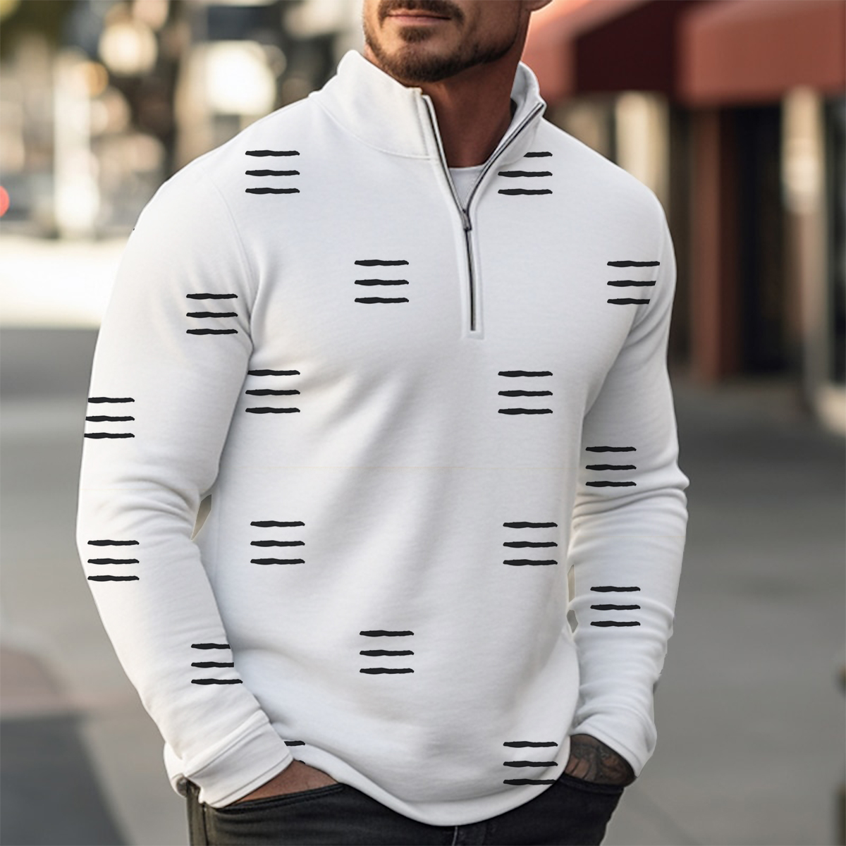 Basics Stripes Print Casual Zip Long Sleeve Sweater