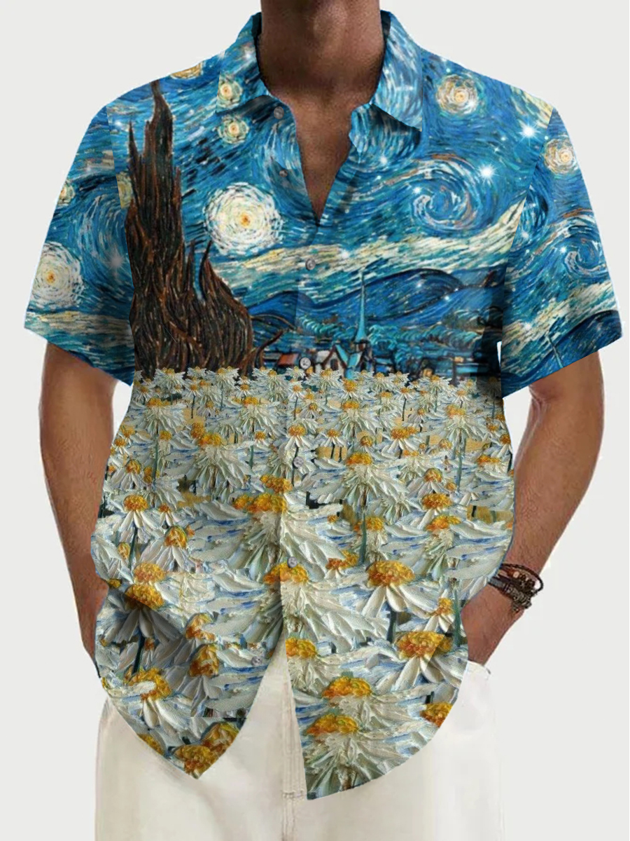 Vintage Starry Night Pattern Van Gogh Style Shirt Plus Size Men's Shirt