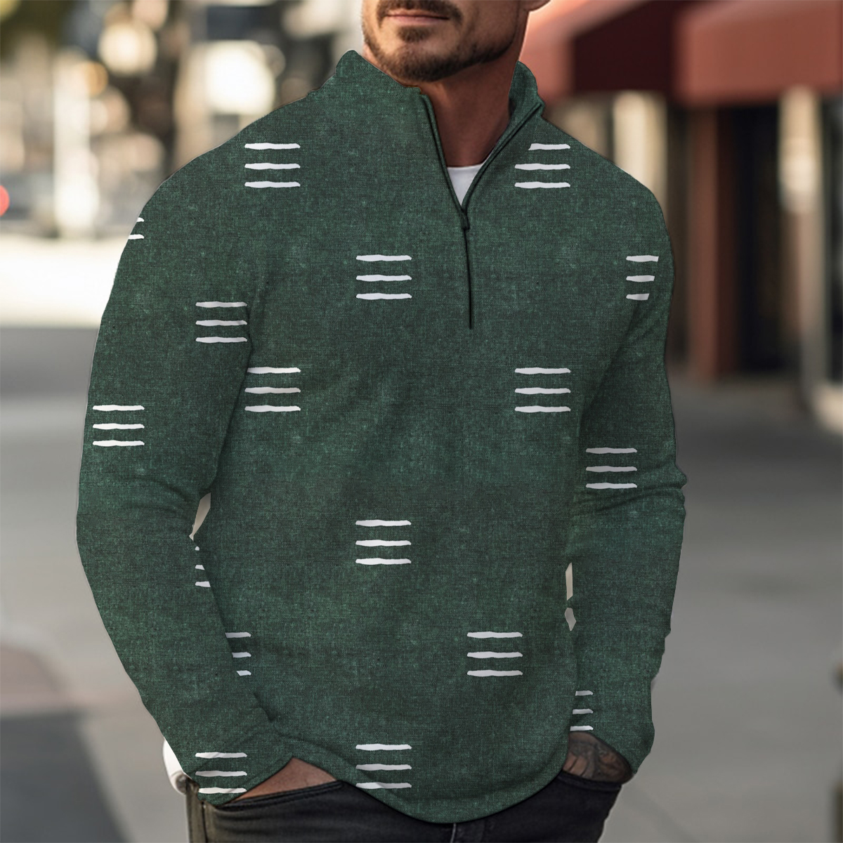 Basics Stripes Print Casual Zip Long Sleeve Sweater