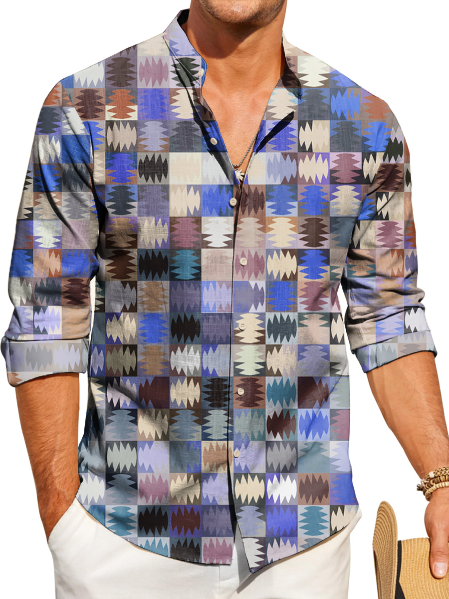Vintage Geometry Art Print Band Collar Long Sleeve Hawaiian Shirt