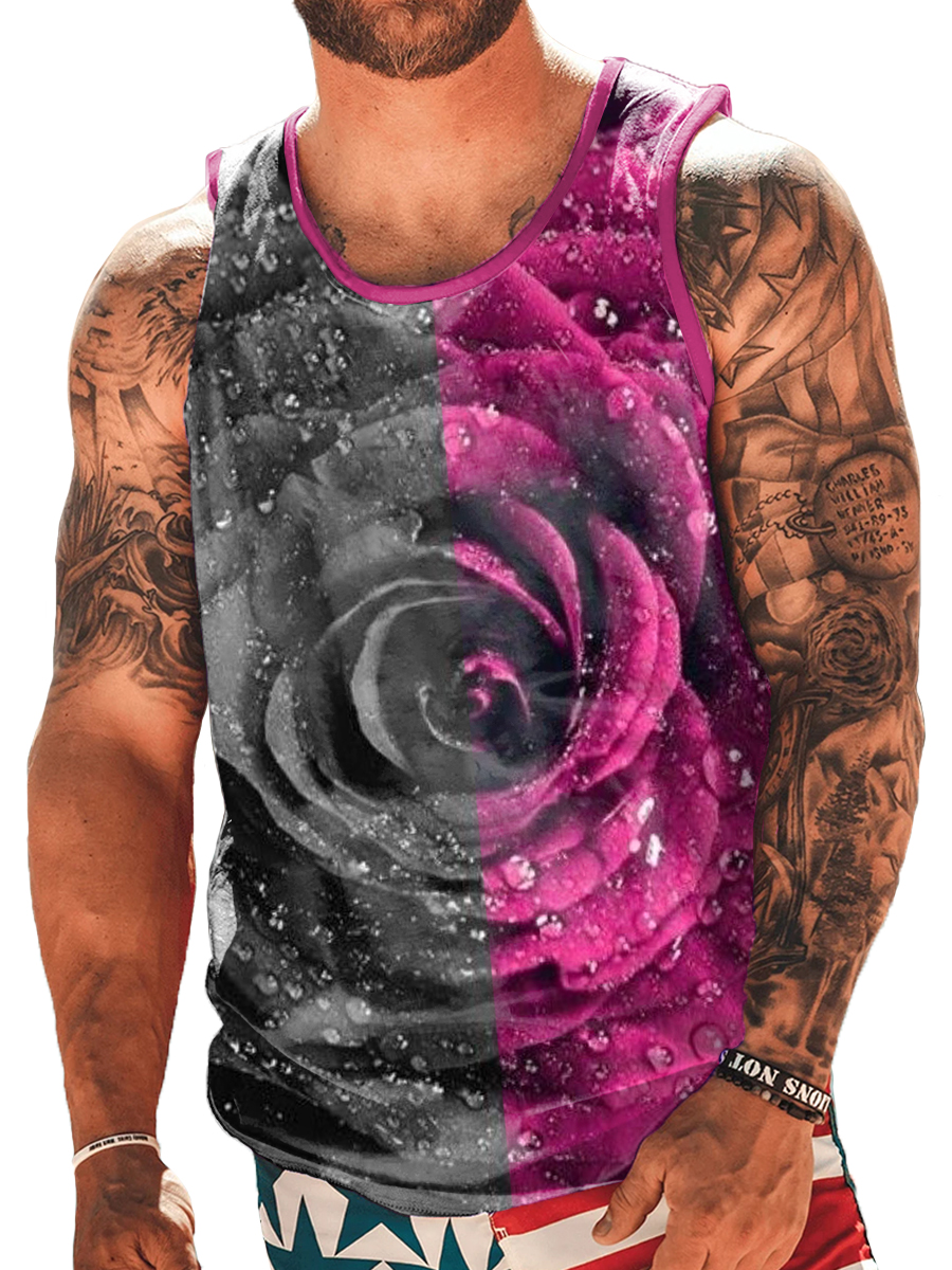 Men's Tank Top 2 Print Rose Crew Neck Tank T-Shirt
