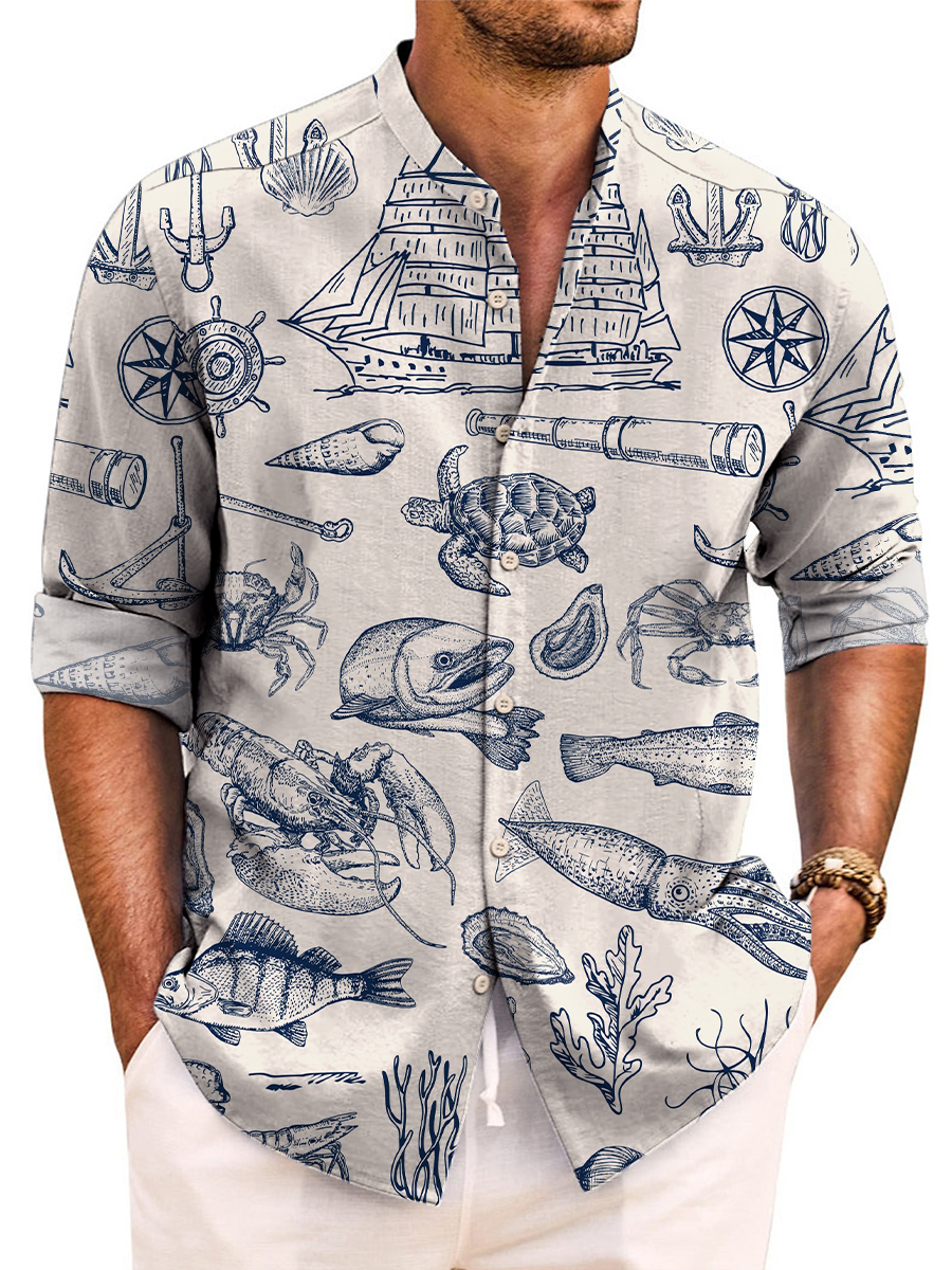 Nautical Items Print Easy Care Aloha Long Sleeve Shirts
