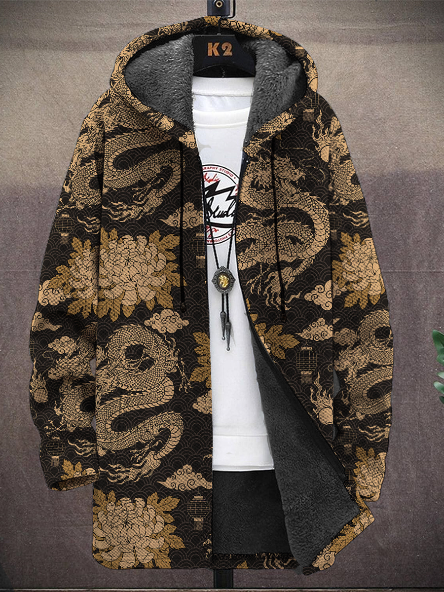 Men's Japanese Style Dragon Print Hooded Two-Pocket Fleece Cardigan Jacket