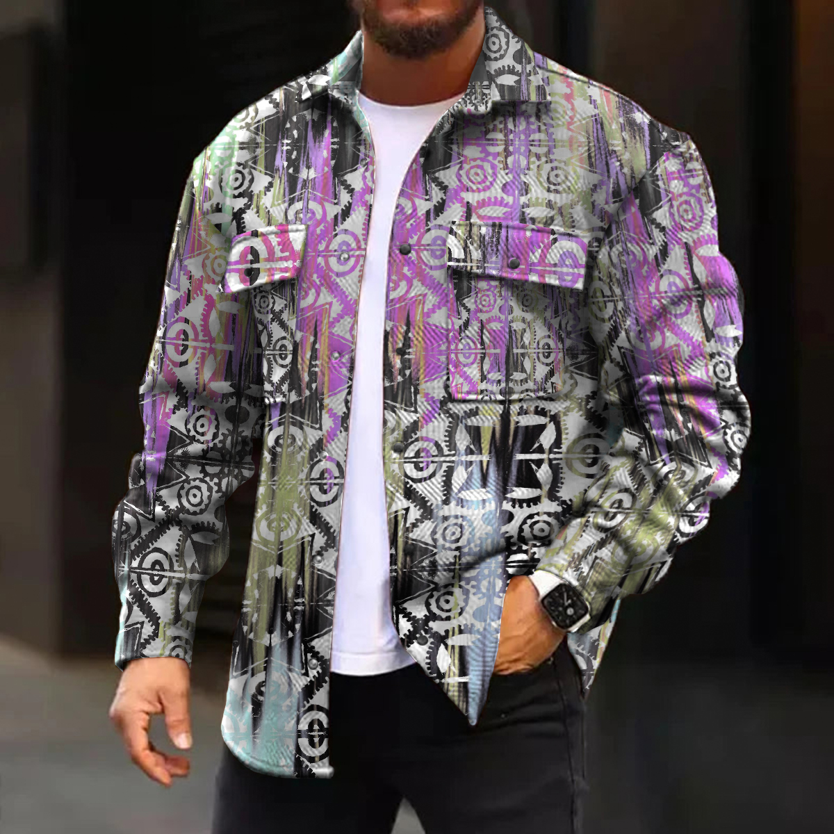 Men's Casual Jacket Retro Multicolor Geometric Print Long Sleeve Pockets Shirt Jacket
