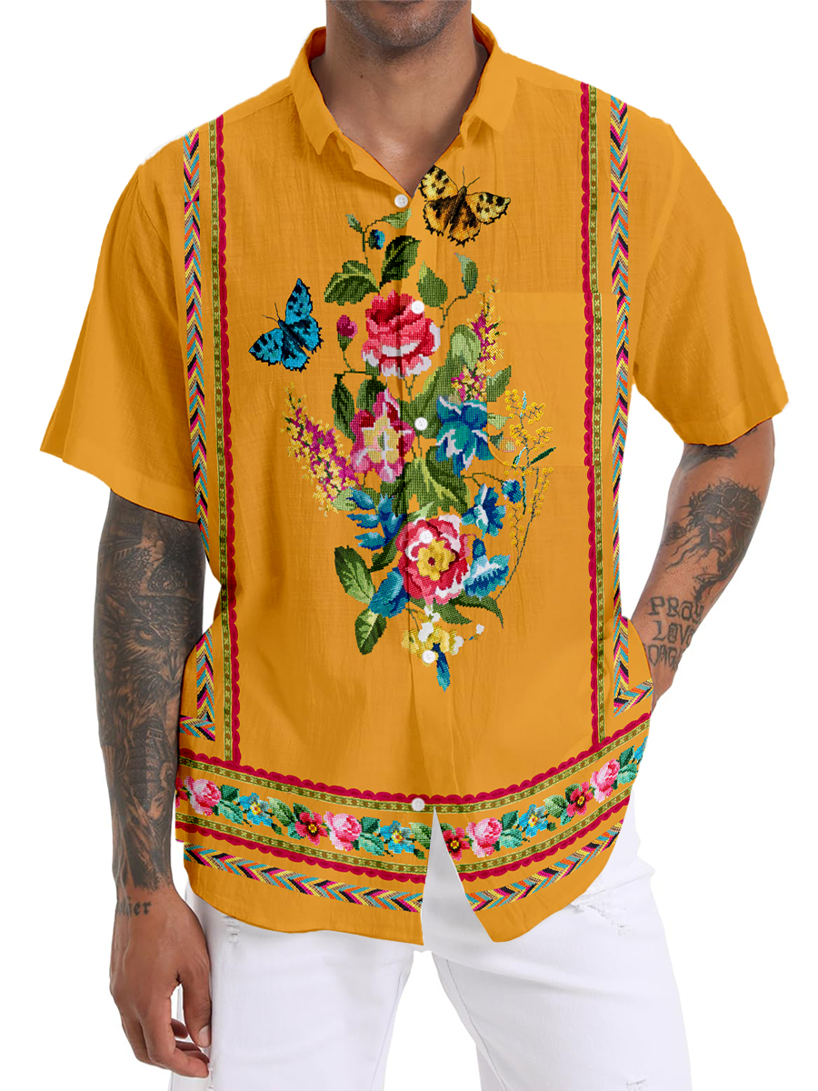 Men's Cotton-Linen Shirts Casual Embroidery Floral Breathable Summer Lightweight Hawaiian Shirts