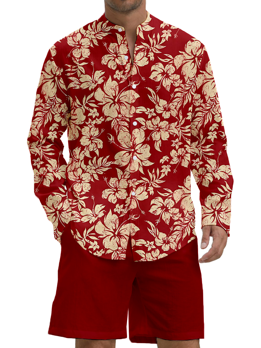 Men's Sets Hawaiian Hibiscus Print Button Pocket Two-Piece Shirt Shorts Set