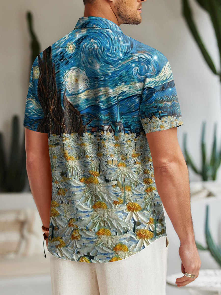 Vintage Starry Night Pattern Van Gogh Style Shirt Plus Size Men's Shirt