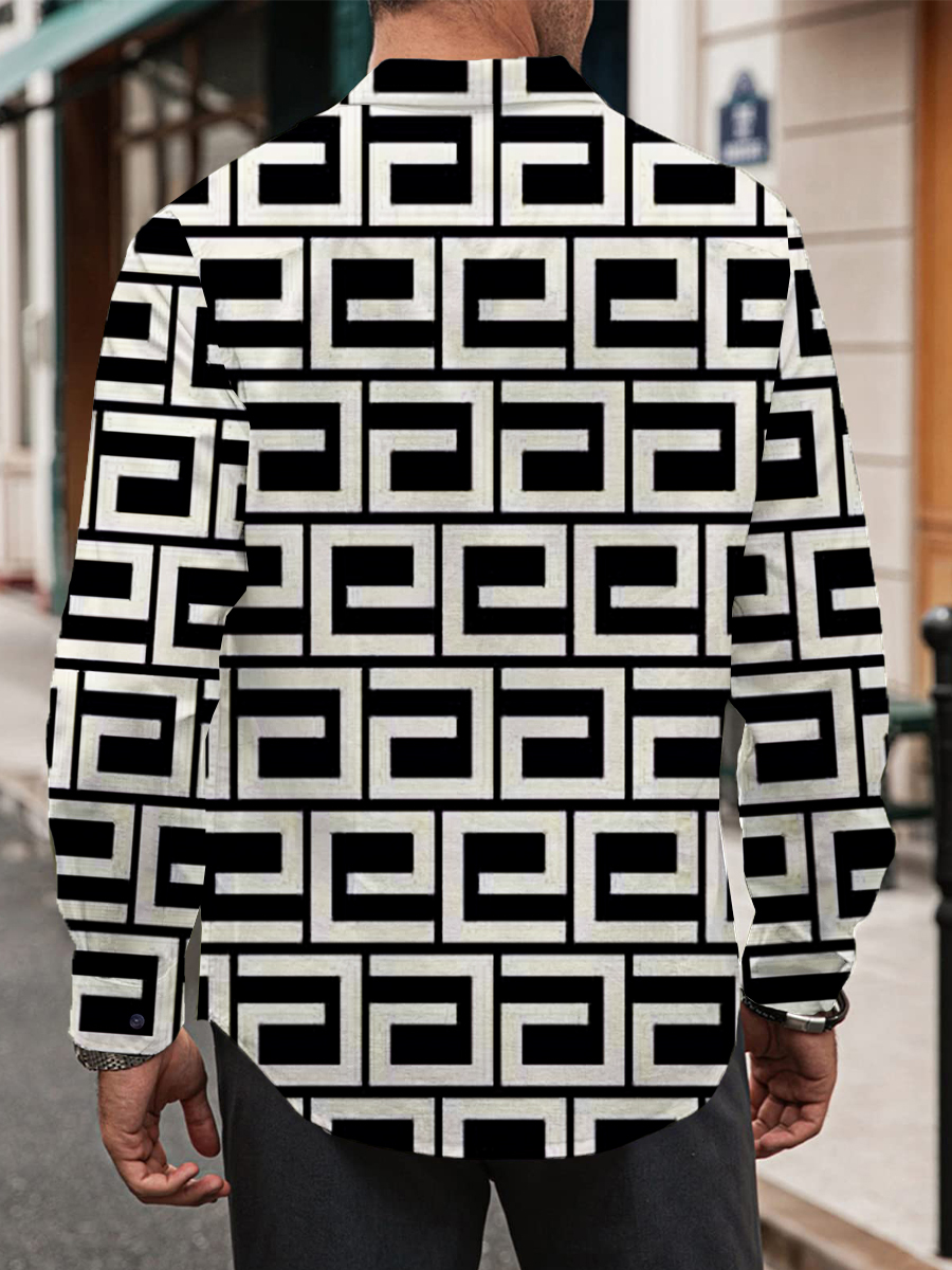 Retro Geometry Art Print Long Sleeve Hawaiian Shirt
