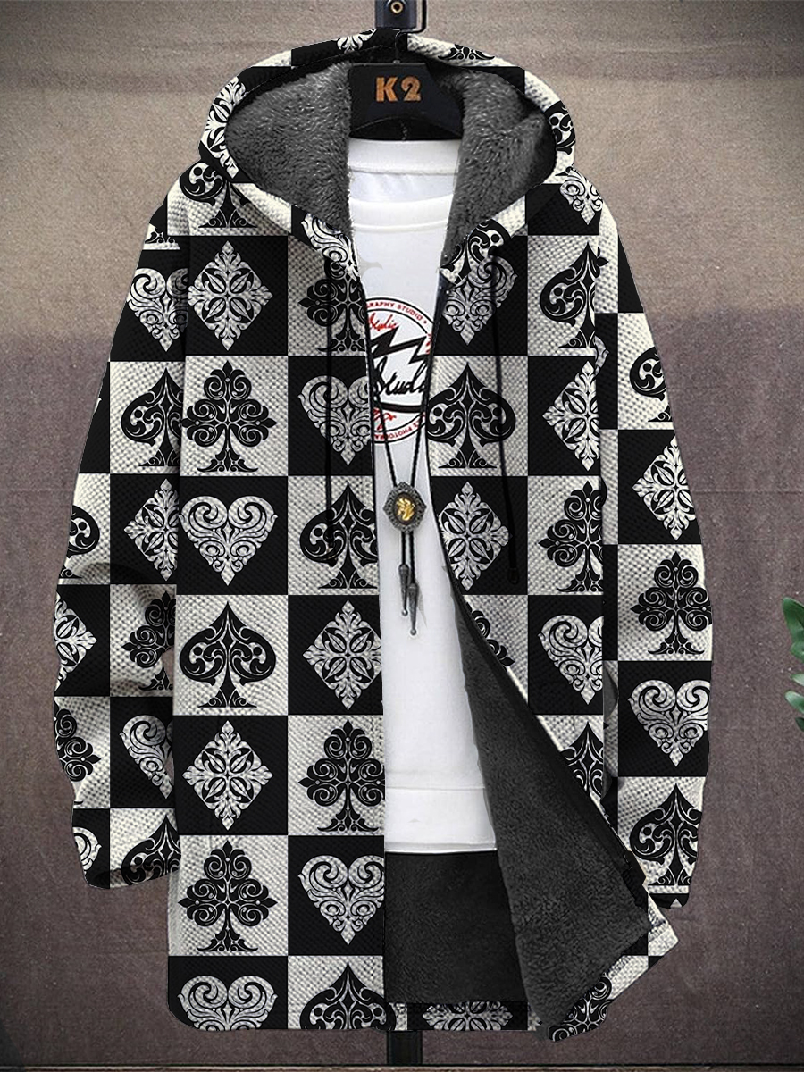 Men's Playing Cards Print Hooded Two-Pocket Fleece Cardigan