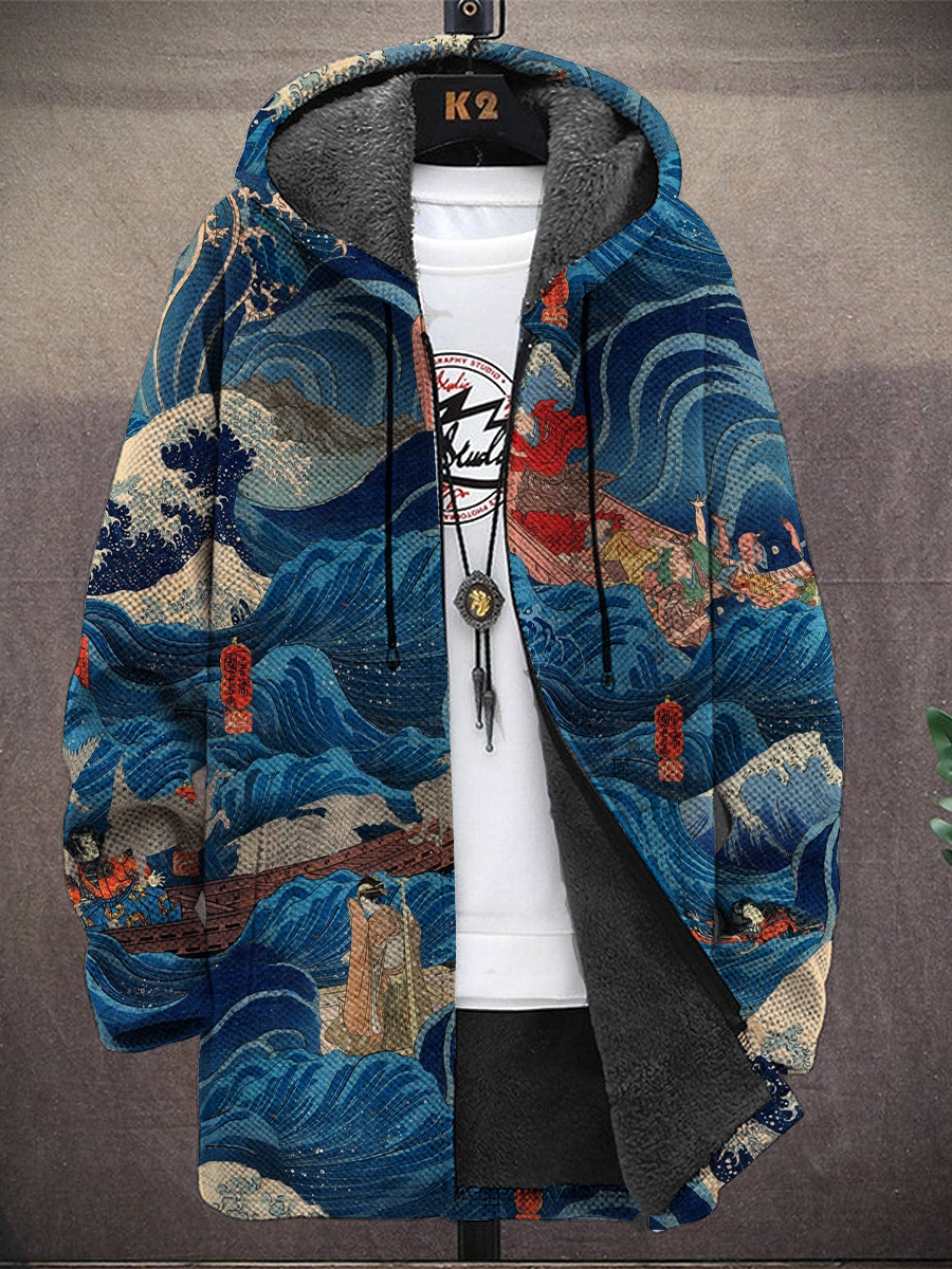 Men's Ukiyoe Print Hooded Two-Pocket Fleece Cardigan Jacket