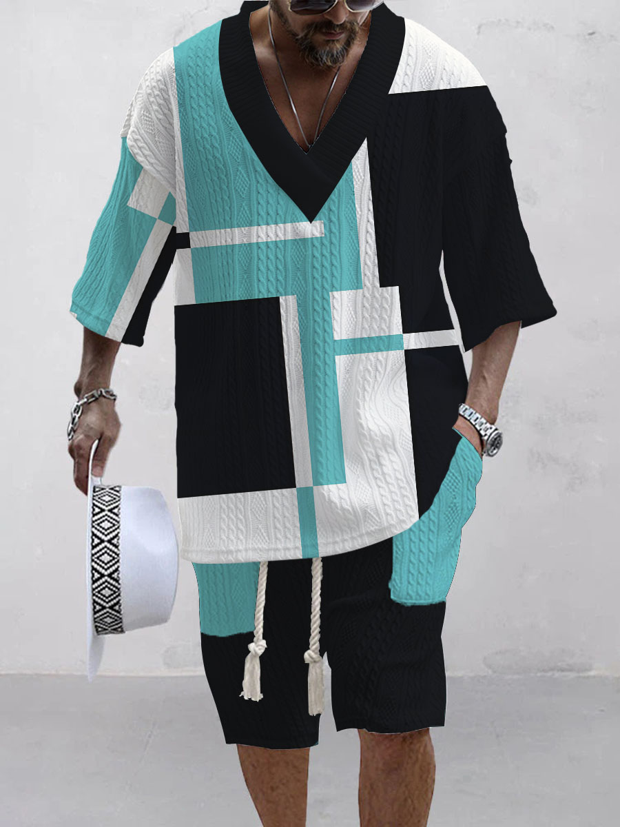 Men's Retro Geometry Colorblock Print Stylish Knit Shirt Set
