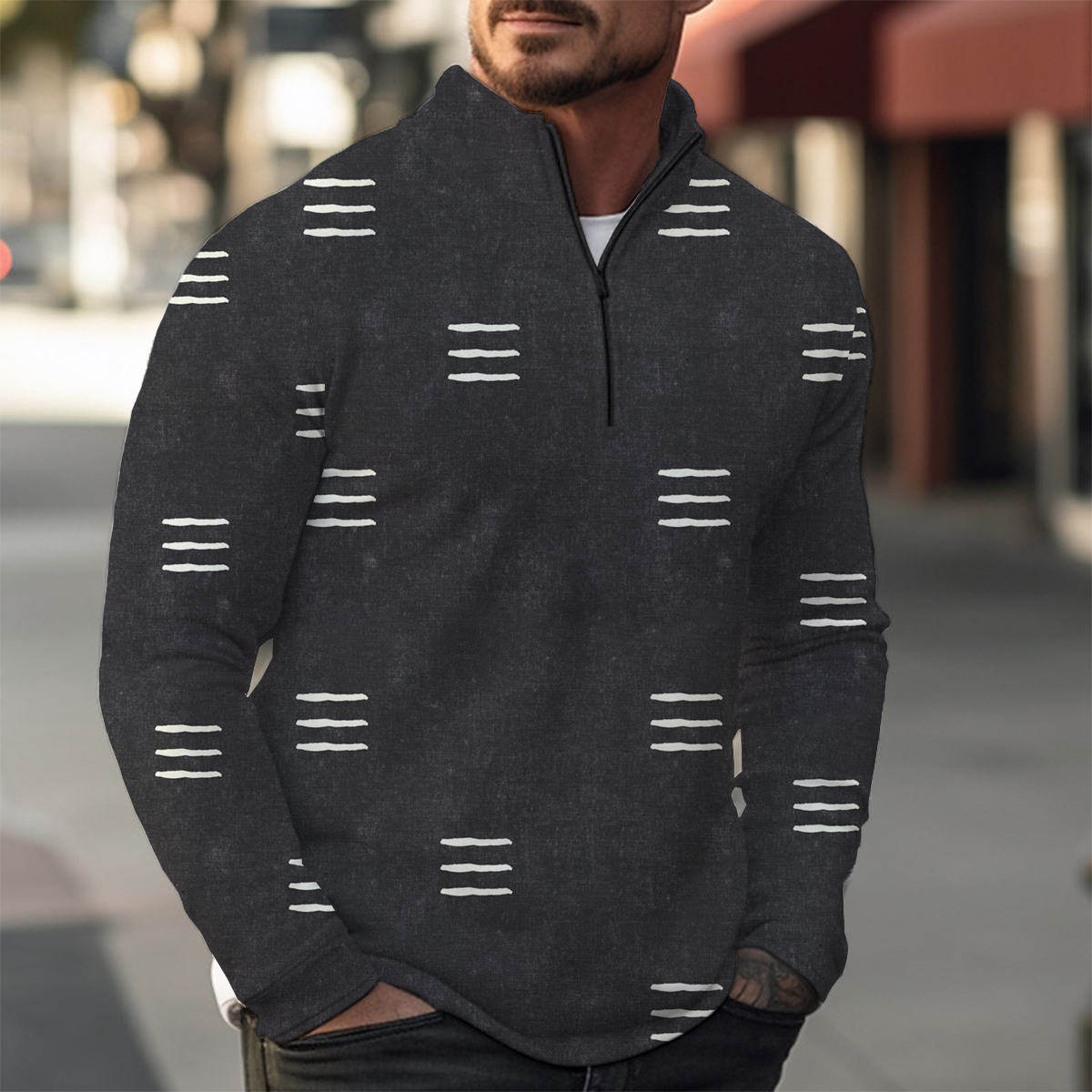 Basics Stripes Print Casual Zip Long Sleeve Sweater