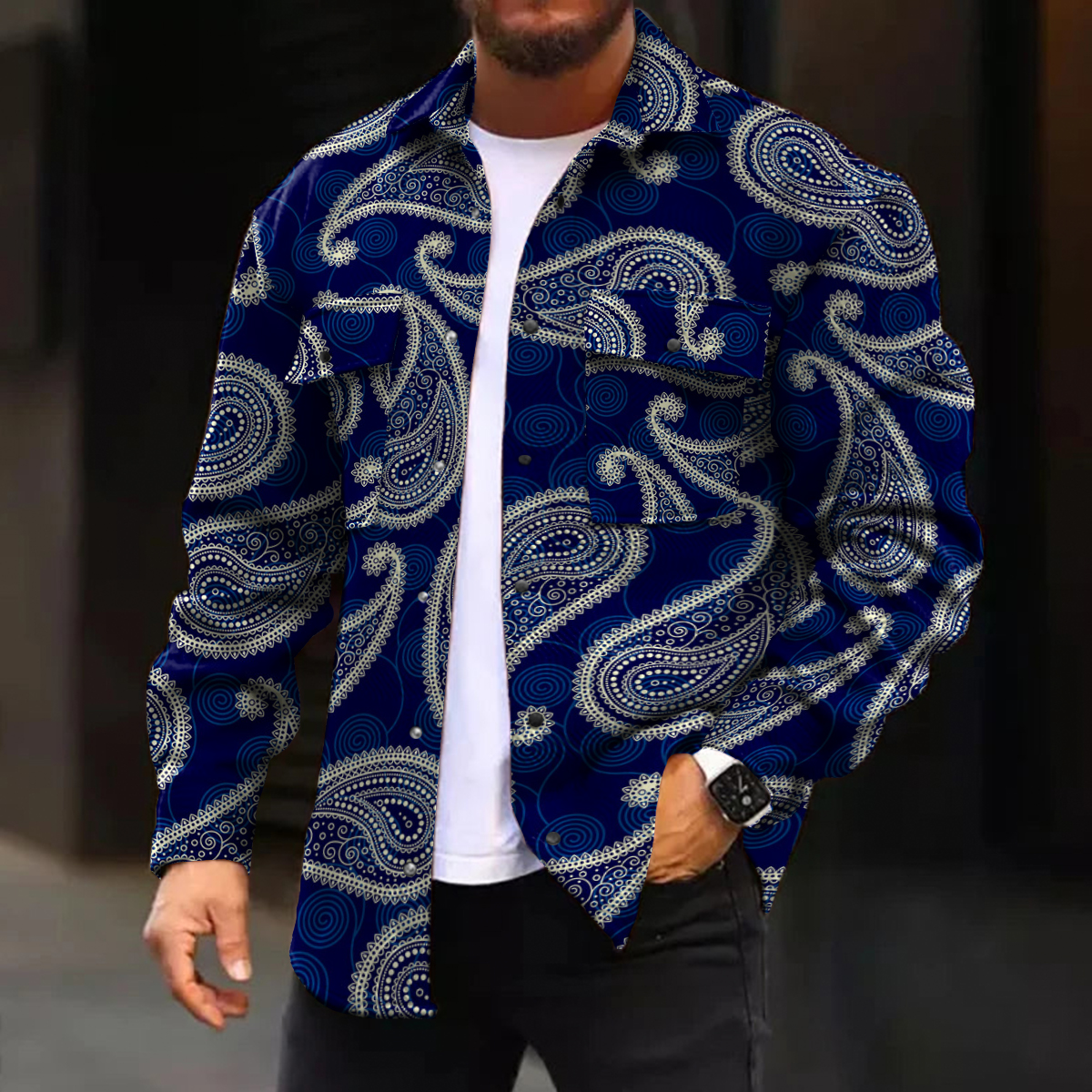 Men's Casual Jacket Vintage Paisley Pattern Long Sleeve Pockets Shirt Jacket