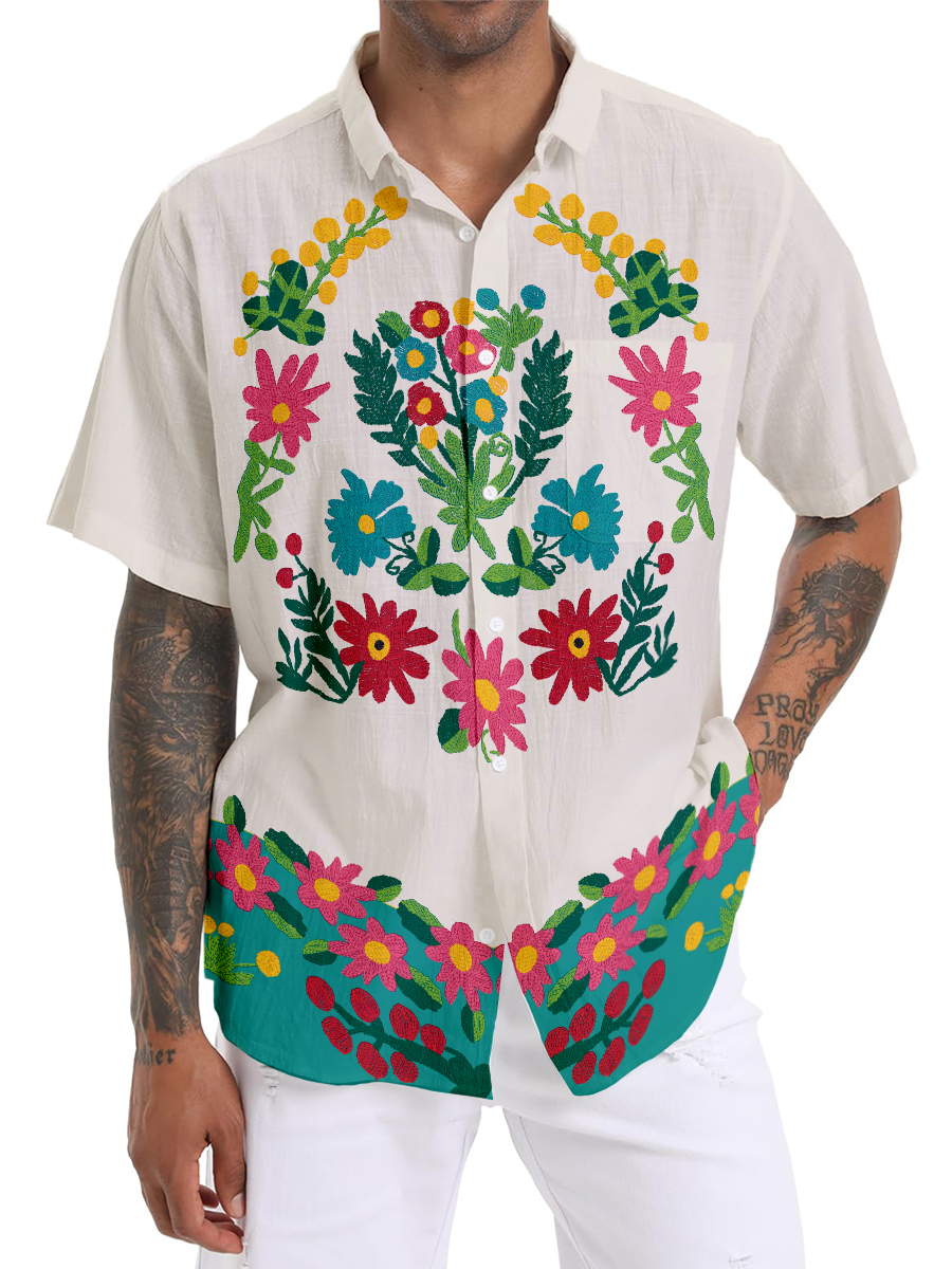 Men's Cotton-Linen Shirts Casual Embroidery Floral Breathable Summer Lightweight Hawaiian Shirts