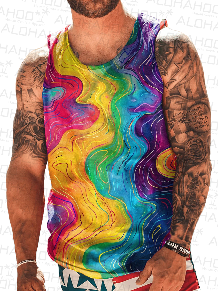 Alohahoo X Artist  Men's Tank Top Rainbow Waves Print Crew Neck Tank T-Shirt