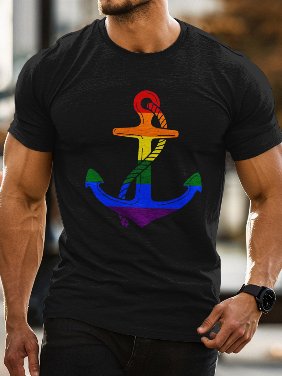 Men's Rainbow Anchor Print Casual T-Shirt