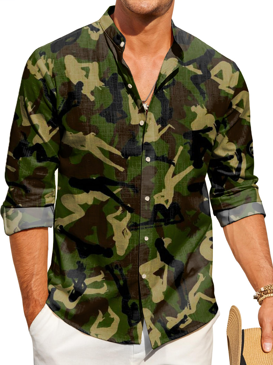 Retro Lady Camouflage Art Print Band Collar Long Sleeve Hawaiian Shirt