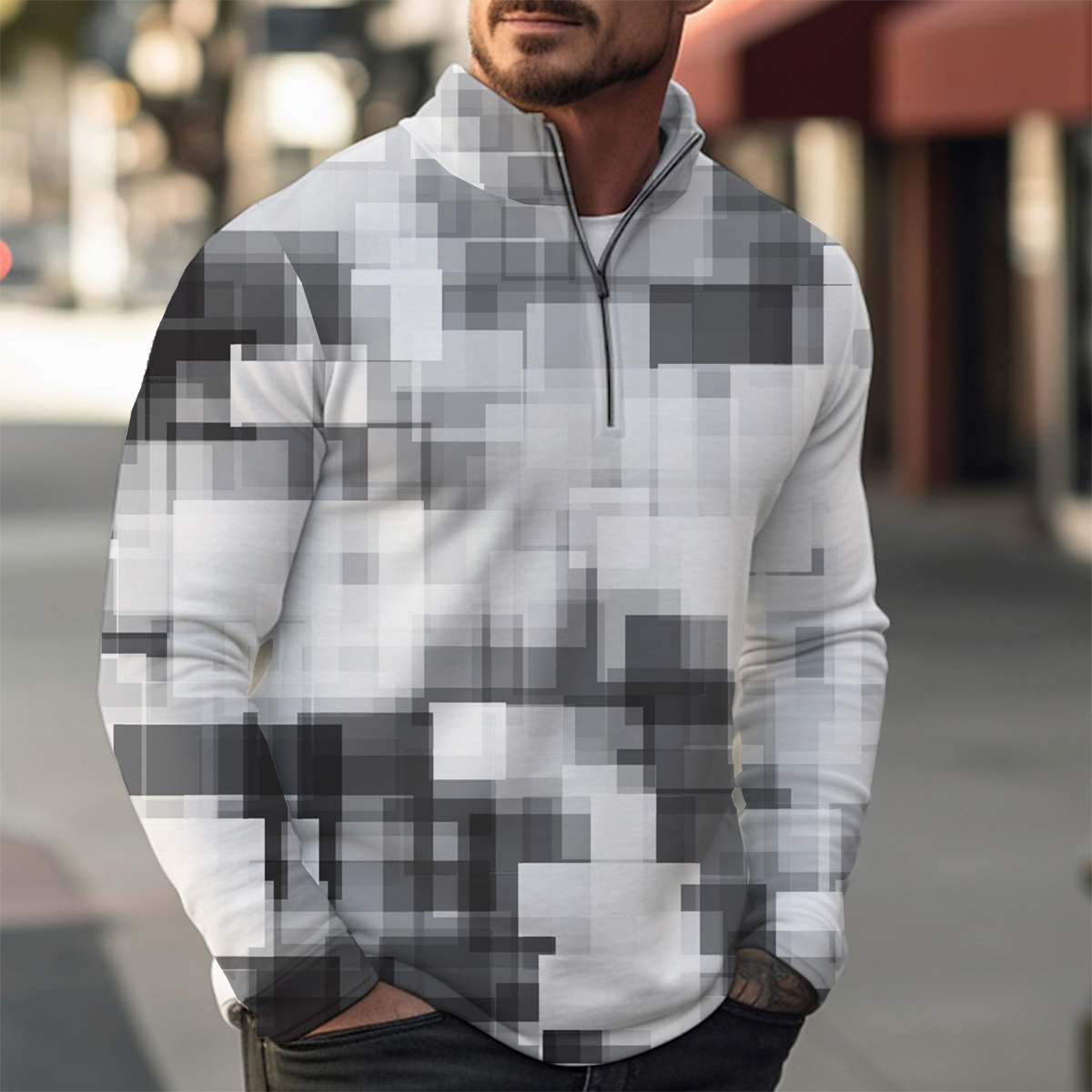 Geometry Print Casual Zip Long Sleeve Sweater