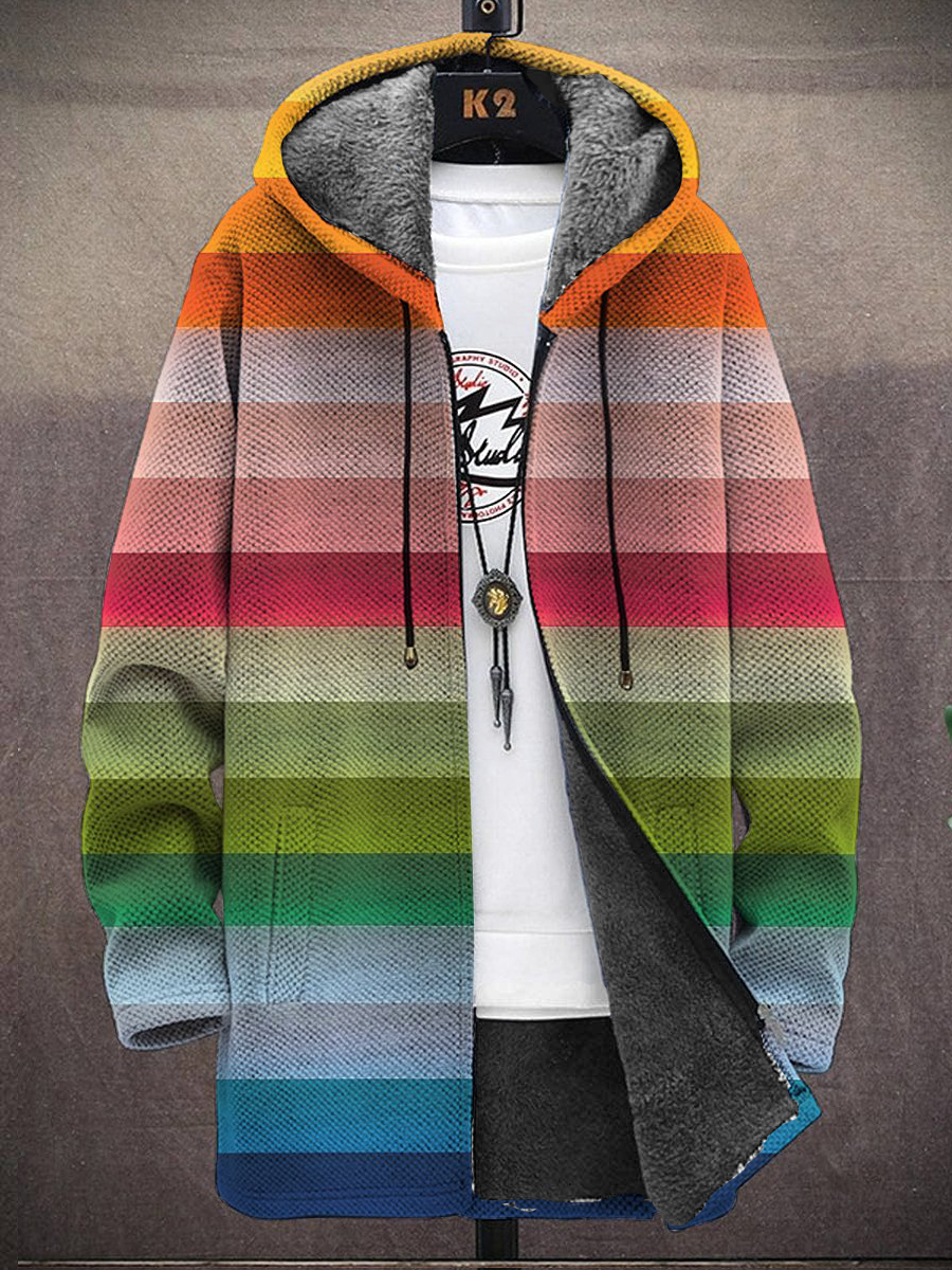 Men's Colorful Stripe Print Hooded Two Pocket Fleece Cardigan