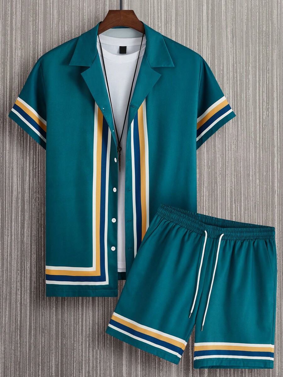 Men's Sets Hawaiian Lines Print Button Pocket Two-Piece Shirt Shorts Set