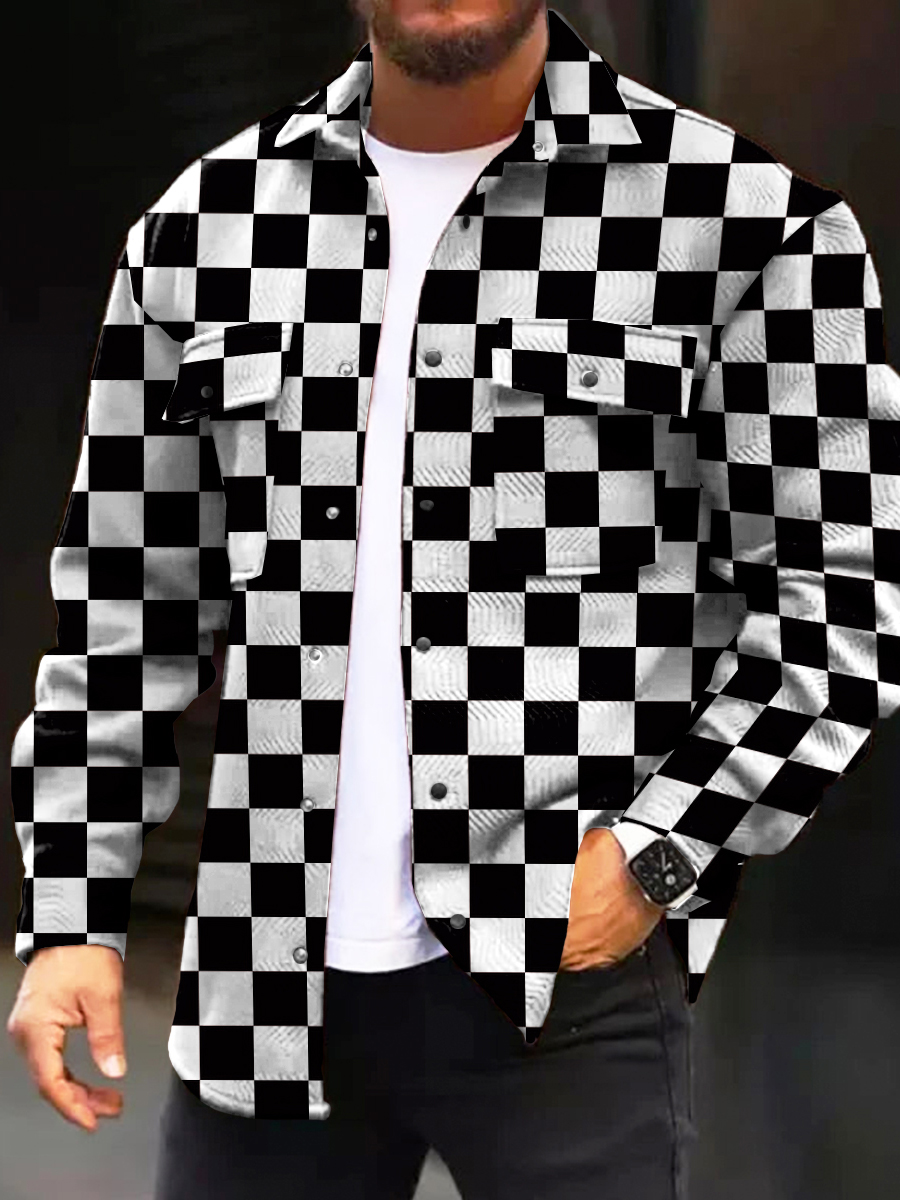 Men's Casual Jacket Fashion Checkerboard Printed Long Sleeve Pocket Jacket