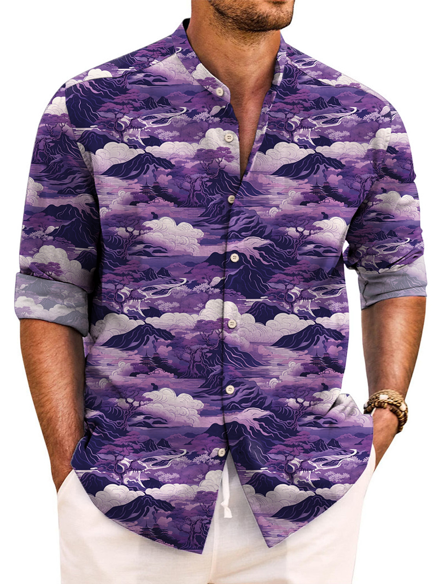 Landscape Painting Print Easy Care Aloha Long Sleeve Shirts